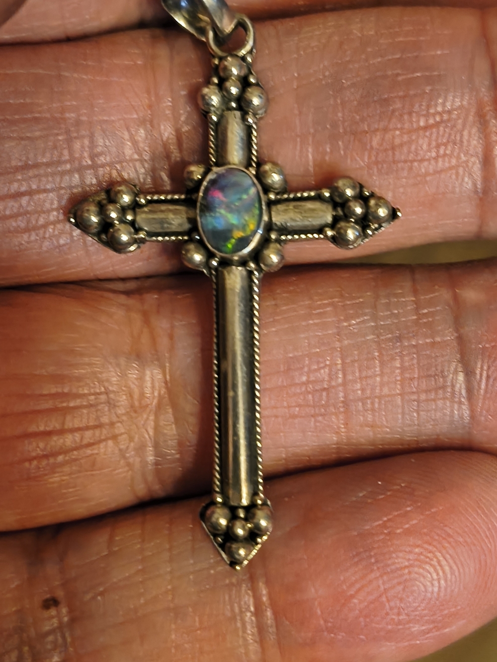 Vintage Handmade Sterling Silver Cross Pendant with Black Opal Cabochon